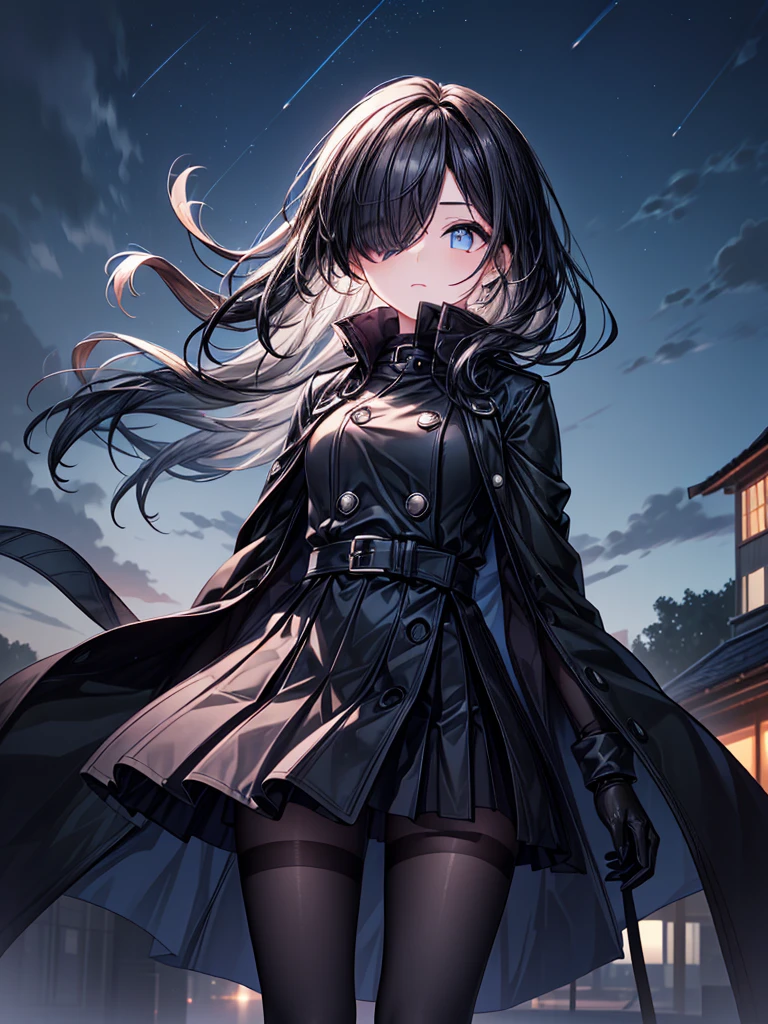 ((Oriental Project)),((masterpiece)),((Highest quality)),((Fascinating)),((alone)),((Deep blue pupils)),((Looking up at the night view from the top of the hill)),((Beautiful Blue Eyes)),((Wearing a black coat)),((Wearing a black mini skirt,She is wearing black tights under her skirt)),((Slim body)),((length, Shiny black hair)),((Her left eye is completely hidden by her bangs)),((Her hair is parted, and you can see her eyes through it)),((Wearing black gloves)),((hair over one eye,long hair)),((Ruthless)),((Complex background)),((Hair blowing in the wind))