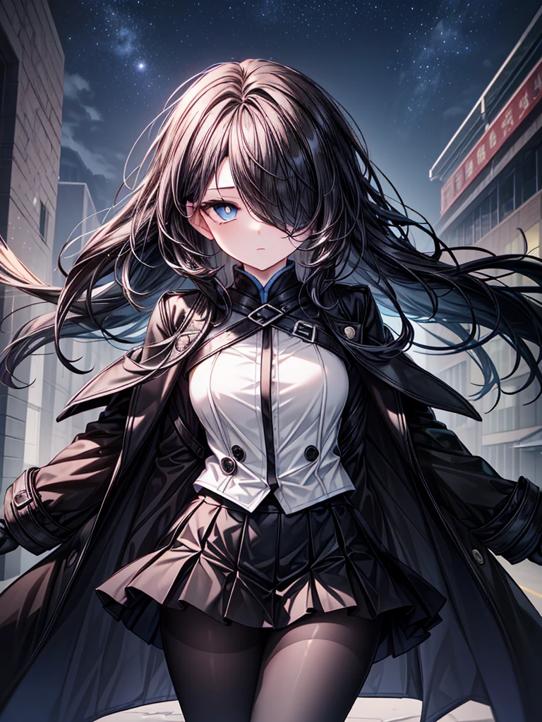 ((Oriental Project)),((masterpiece)),((Highest quality)),((Fascinating)),((alone)),((Deep blue pupils)),((Looking up at the night view from the top of the hill)),((Beautiful Blue Eyes)),((Wearing a black coat)),((Wearing a black mini skirt,She is wearing black tights under her skirt)),((Slim body)),((length, Shiny black hair)),((Her left eye is completely hidden by her bangs)),((Her hair is parted, and you can see her eyes through it)),((Wearing black gloves)),((hair over one eye,long hair)),((Ruthless)),((Complex background)),((Hair blowing in the wind))