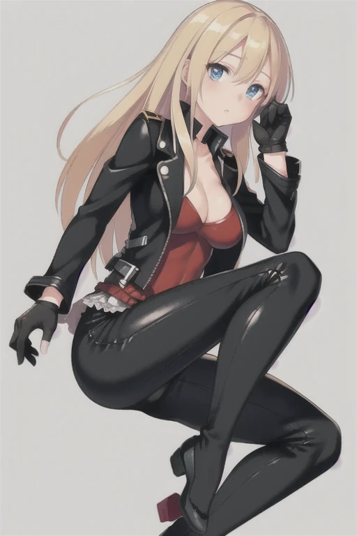 Saratoga \(warship girls r\),((masterpiece)),(((best quality))),((ultra-detailed)),((illustration)),((disheveled hair)),((frills)),(1 girl),(solo),black leather rider jacket, Fingertips of black leather gloves on both hands, wearing black leather gloves, sitting in a black leather chair、 Japanese female new employee (black leather gloves cover both hands) (The angle is horizontal)、black leather leather pants, black leather black leather pants, black leather skinny pants、Long black leather boots on both feet、 ((He wears black leather gloves on his hands))Full body photo, full body shot full body full body leather suit, ☺If you turn in this direction。wearing black leather gloves, wearing black leather gloves, wearing black leather gloves, wearing black leather gloves, wearing black leather gloves, wearing black leather gloves, Blue eyes with highlights, Blonde longhair(delicate eyes)