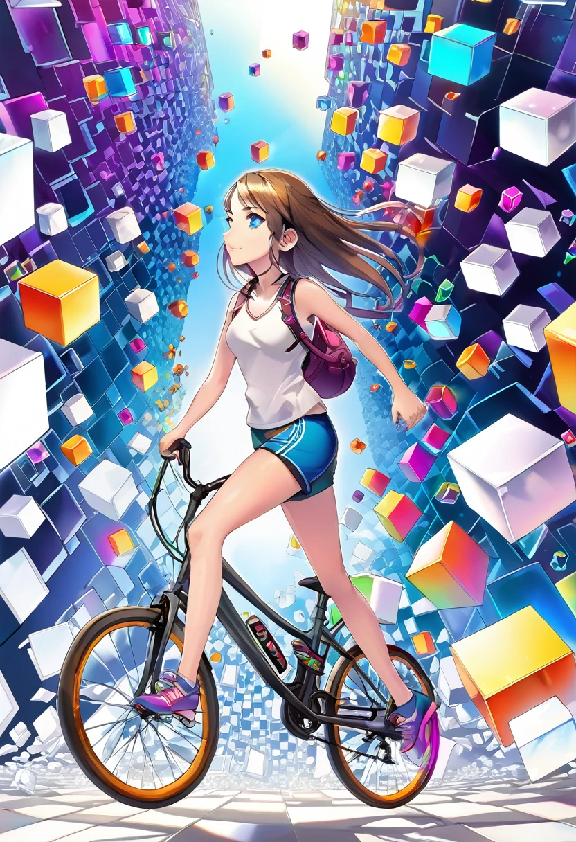 a girl is riding a bicycle, Running Shorts, Short shorts, A room filled with many white cubes, Digital Rendering, John Coffert, tumbler, Cubo-Futurism, Rainbow colored fractal, Cyber Mushroom City, Floating Crystals, Infinite quantum fluctuations,