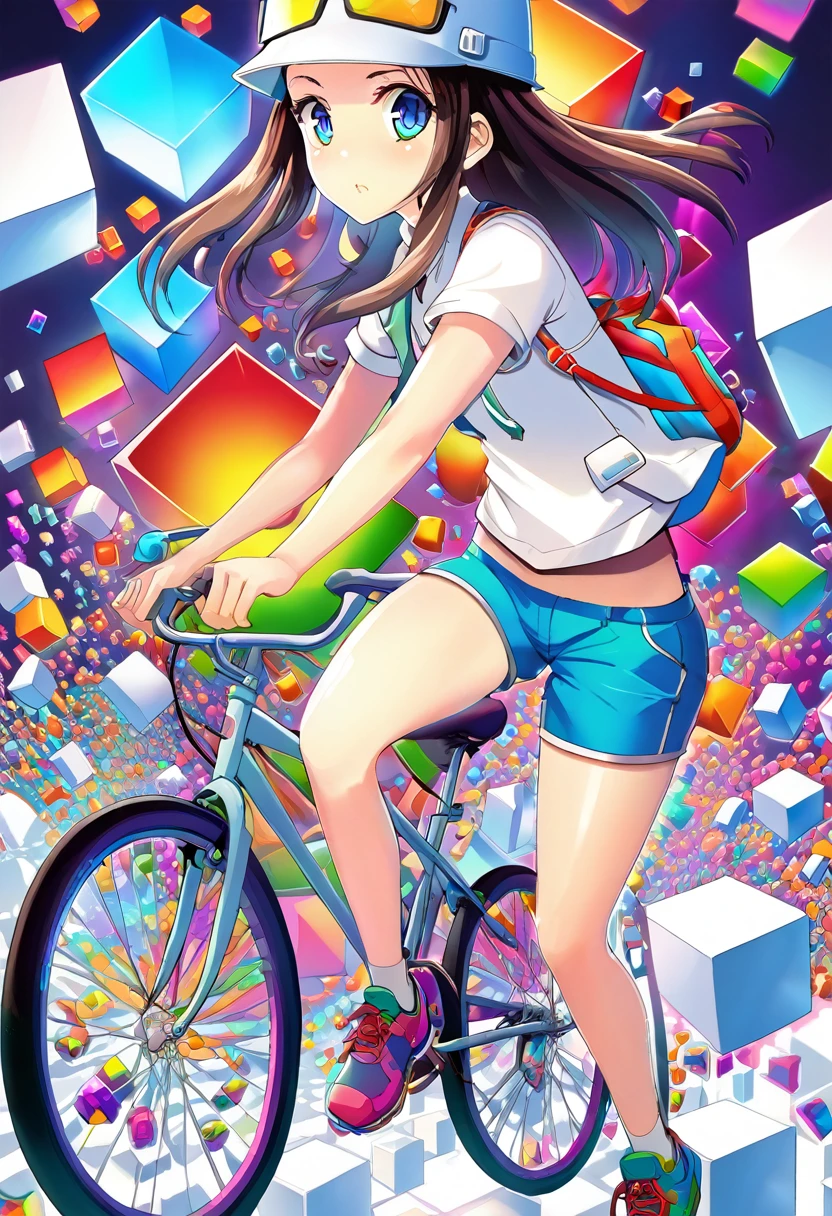 a girl is riding a bicycle, Running Shorts, Short shorts, A room filled with many white cubes, Digital Rendering, John Coffert, tumbler, Cubo-Futurism, Rainbow colored fractal, Cyber Mushroom City, Floating Crystals, Infinite quantum fluctuations,