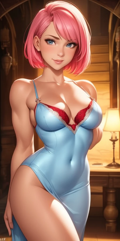 (best quality, ultra-detailed, photorealistic: 1.39), bright and vibrant colors, studio lighting, romantic expression, love smile, Beautiful night dress, red lace, thin strap, beautiful breasts, beautiful details,, light fabric, undercut platinum bobcut pink fluorescent red hair, small breasts, fit, muscular, short hair, mercenary, pose, cleavage, in the fantasy medieval castle, castle corridor, stairs