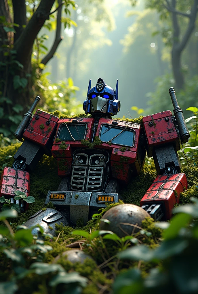 Create real Optimus prime broken abandoned in the jungle 