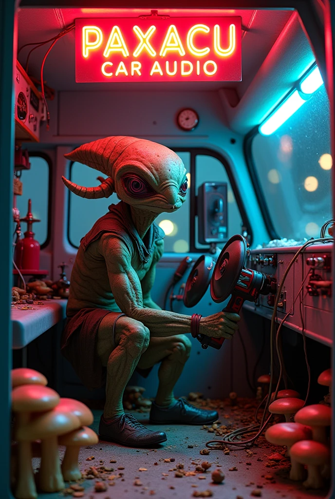 An alien installing an audio and sound system in a van ,There are mushrooms on the floor around ,horns,wires, tools lying around and the alien is holding a drill and a horn in his hands,Above all this there is a sign with neon letters that says PAXACU CAR AUDIO