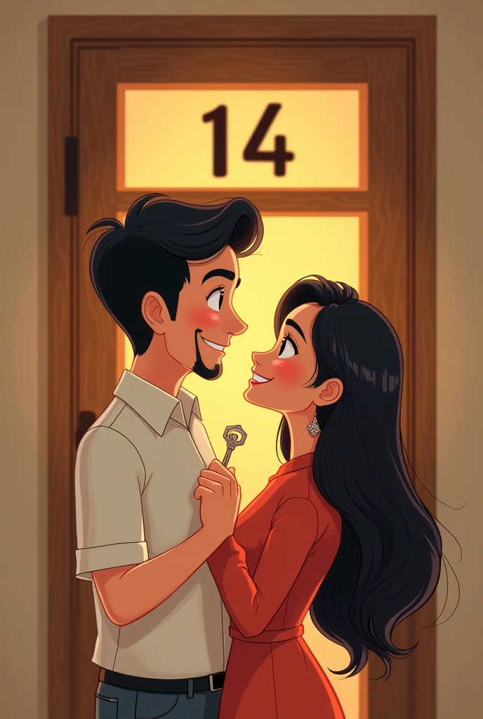 Create pixar image of happy couple with man black hair goatee, woman with black hair, oriental eyes holding a key and in the background a door with the number 14 written on it. diary of our home
 