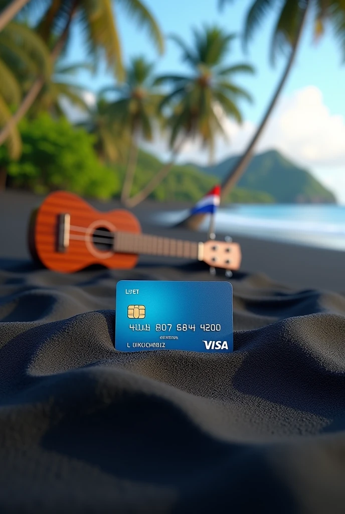 A visa card in the black sand of a beach in Tahiti with coconut trees and a ukulele and the Polynesian flag