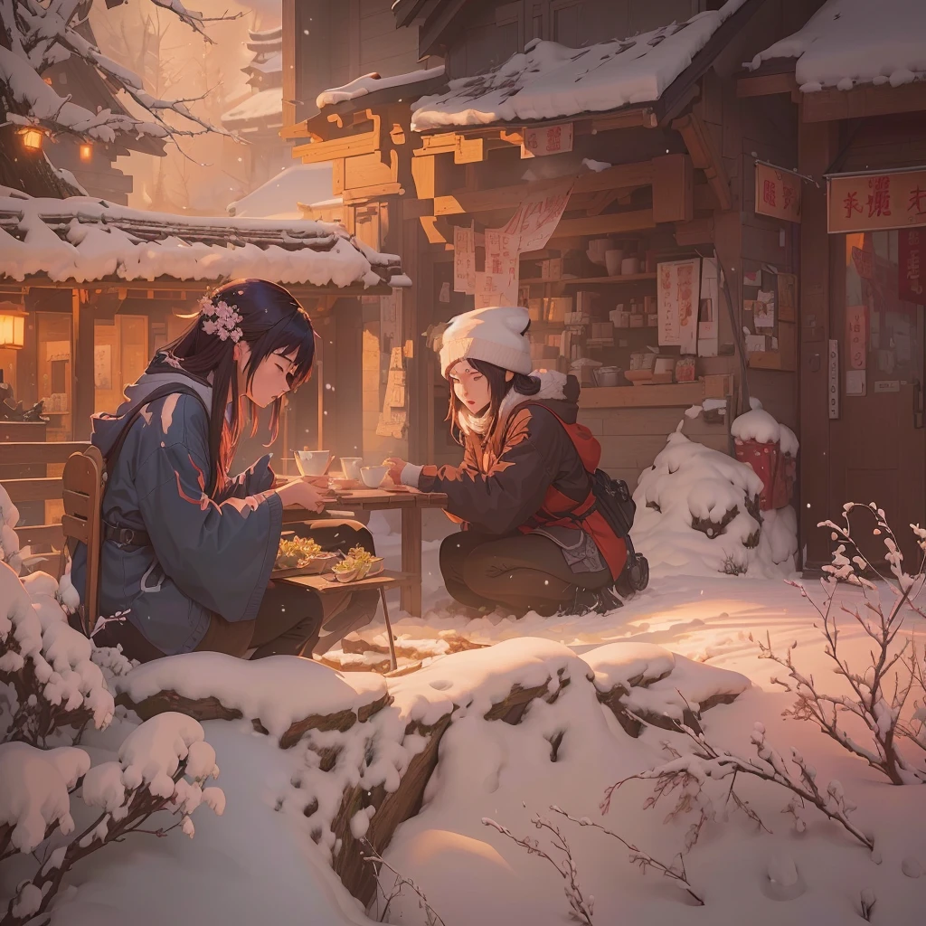 Animated scene of two women sitting on a snowy hill and eating food, Gweiz-style artwork, Atei Gailan 8K, guweiz on pixiv artstation, Guweiz on ArtStation Pixiv, Xin Haicheng, winter concept art, artstation pixivでトレンド, Guweiz and Makoto Shinkai, Beautiful anime scene