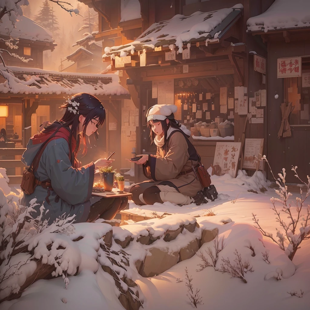 Animated scene of two women sitting on a snowy hill and eating food, Gweiz-style artwork, Atei Gailan 8K, guweiz on pixiv artstation, Guweiz on ArtStation Pixiv, Xin Haicheng, winter concept art, artstation pixivでトレンド, Guweiz and Makoto Shinkai, Beautiful anime scene