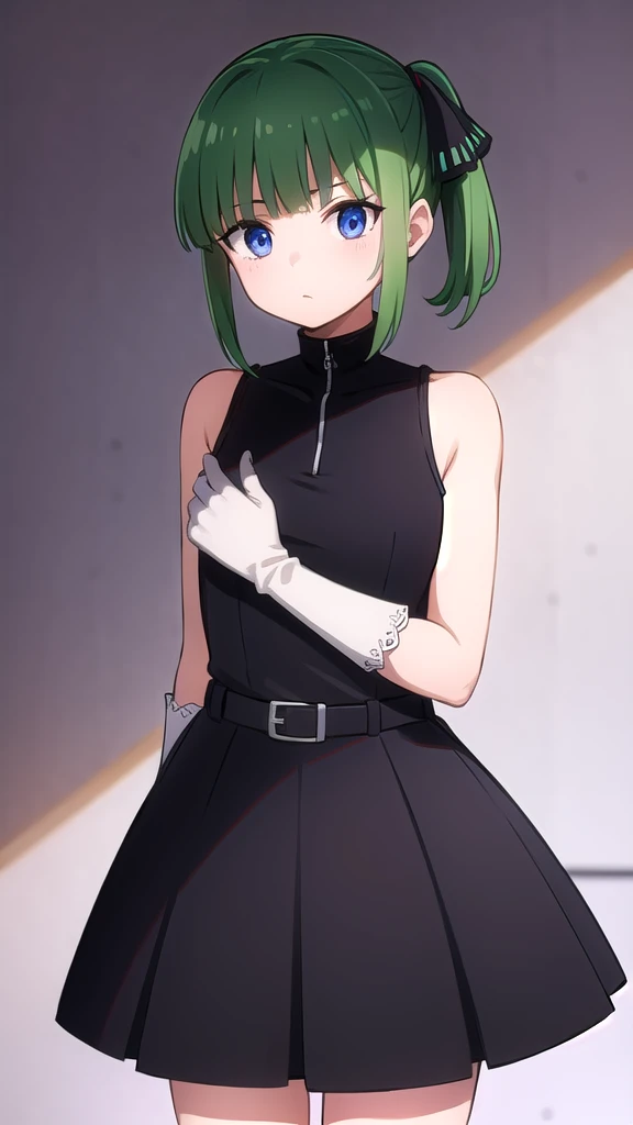 BREAK looking at viewer, BREAK (masterpiece:1.2), best quality, high resolution, unity 8k wallpaper, (illustration:0.8), (beautiful detailed eyes:1.6), extremely detailed face, perfect lighting, extremely detailed CG, (perfect hands, perfect anatomy),green hair, side ponytail, (purple eyes:1.1),
skirt, gloves, dress, bare shoulders, pleated skirt, sleeveless, black gloves, elbow gloves, belt, miniskirt, black skirt, black footwear, (black dress:1.5), thigh strap, sleeveless dress, halterneck, armband, single glove, black belt, pleated dress, arm strap