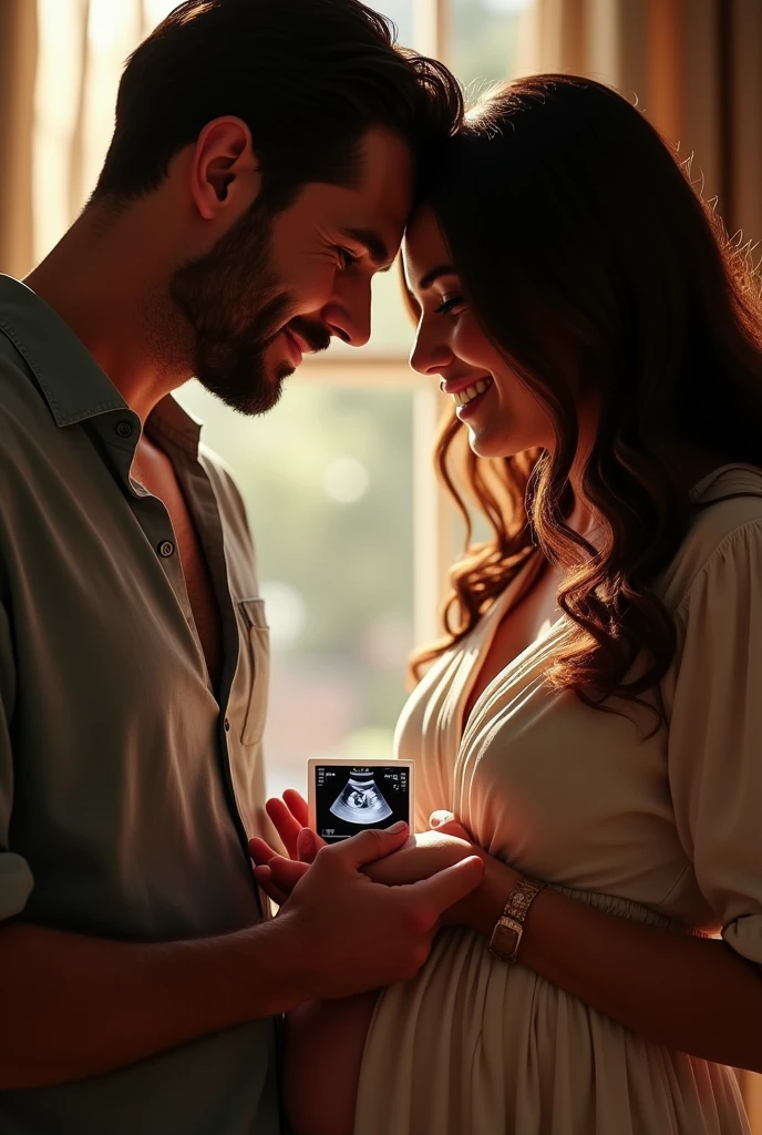 Make a picture of Henry Cavill and Negin Mirsalehi, looking at a photo of twelve week old twins (ultrasound