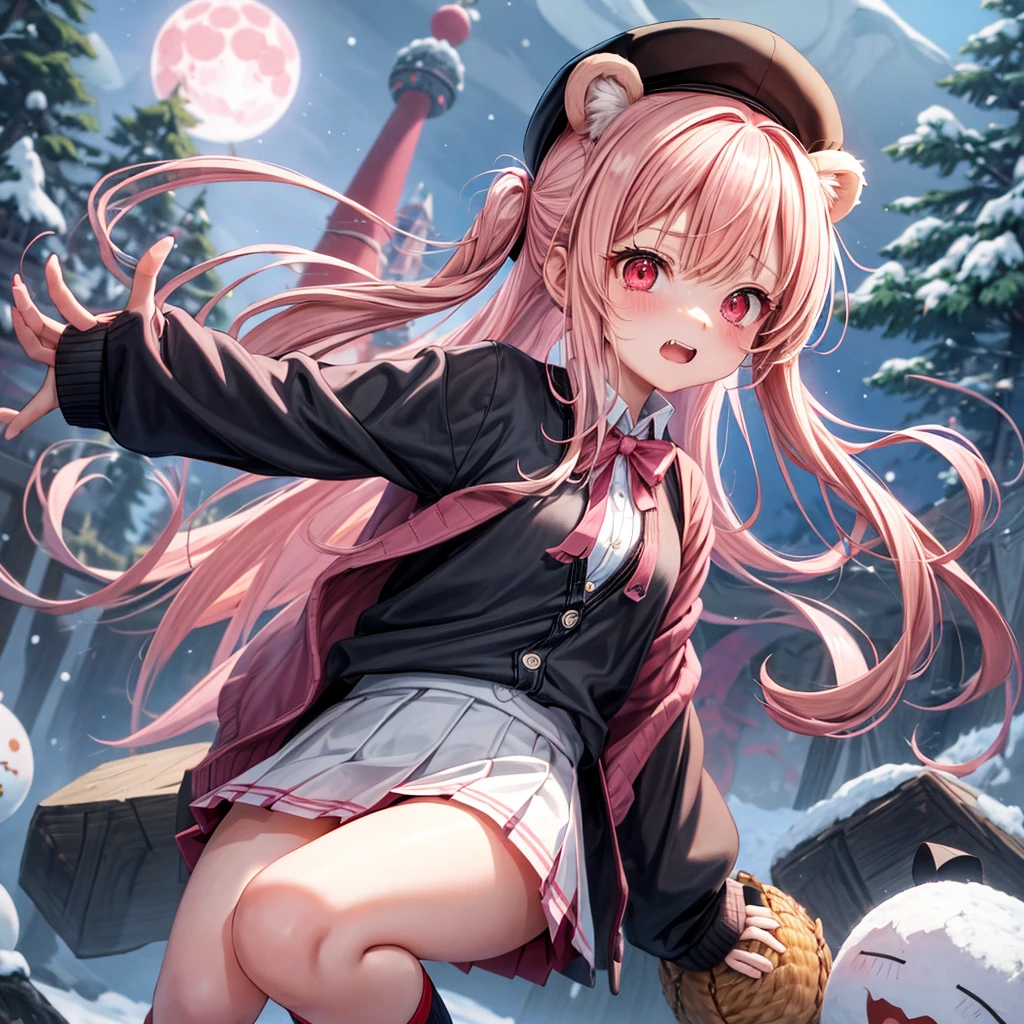 Pink Blonde、Red eyes、Hair tied up、One cute girl、solo、Checked mini skirt、black t-shirts、cardigan、coat、Knee-high socks、bear ears baseball cap、Burning Full Moon、The tree is dead、Electric spectaculars、Snowballs are piling up、Cat Snowman、Teeth are visible、Monster Castle、Tilting face