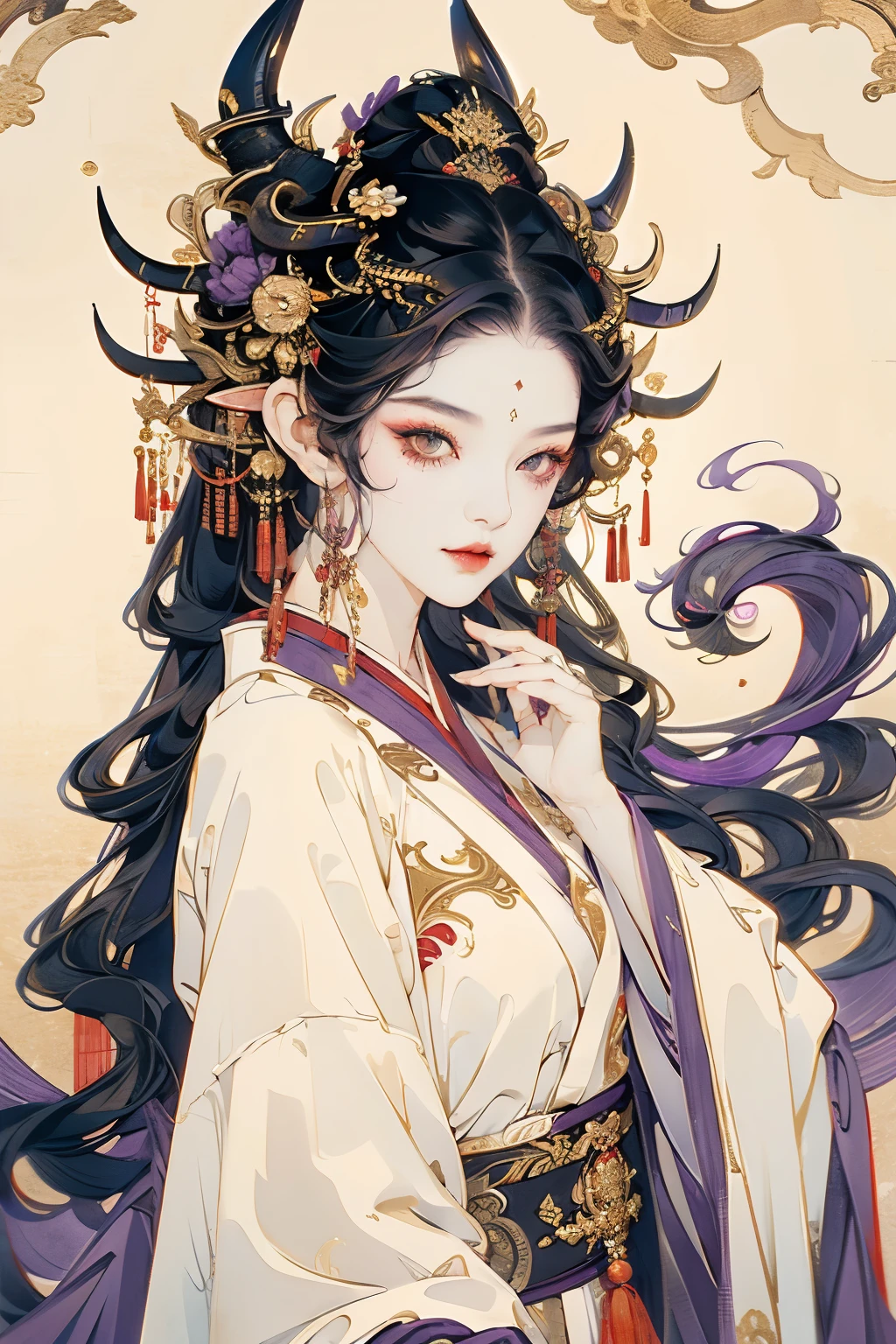 demon girl, sexy, bright eyes, black hair, long hair, two horns, big horns ,majestic horns, look at viewer, beatiful girl, seductive gaze, golden eyes, eyeliner, chinese clothing, purple cloth, purple theme, perfect girl, bauty girl, sexy girl, good body.