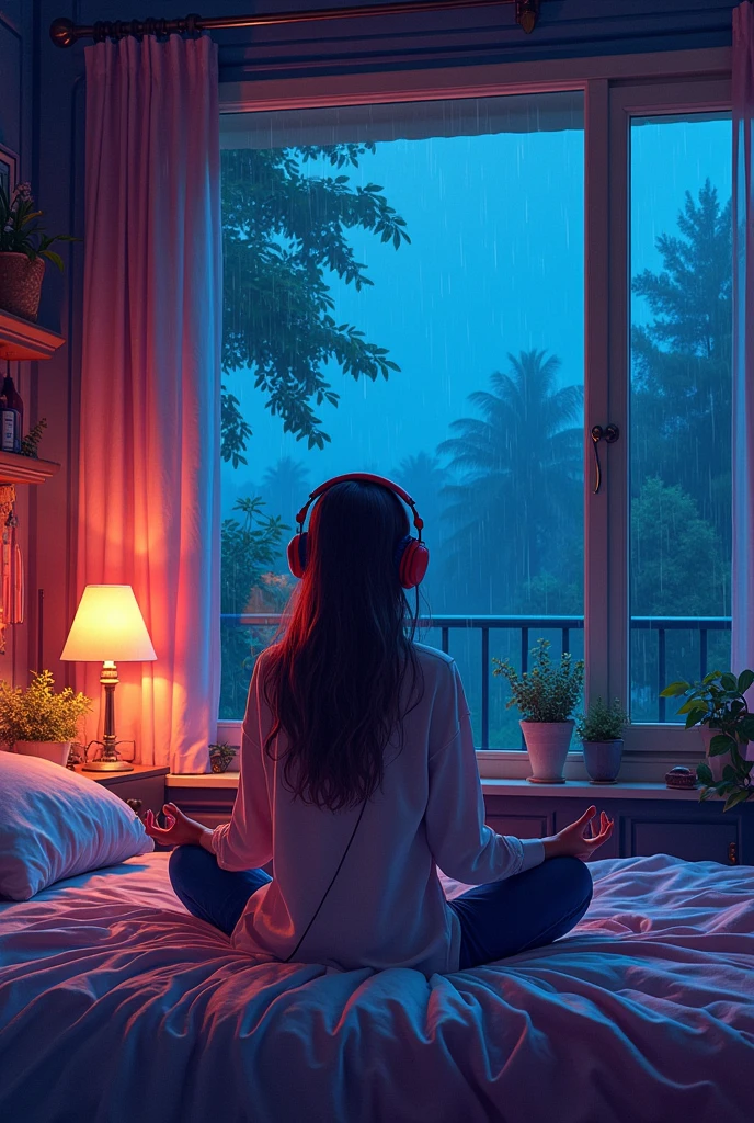 European hippie girl meditating in her room, dream, Wear headphones, night lighting, Neon scenery on a rainy day, Analog Color Theme, Lo-fi hip hop , review, flat, 2.5D ,Draw a line, Ink painting, Large slope, Watercolor, Goosh Colors, Studio Ghibli Style, Great colorful, Outerton, Krautlock, Lofi Art, 70s style,Old Texture, amplitude,Psychedelic atmosphere, masterpiece, Great technology,LOFI