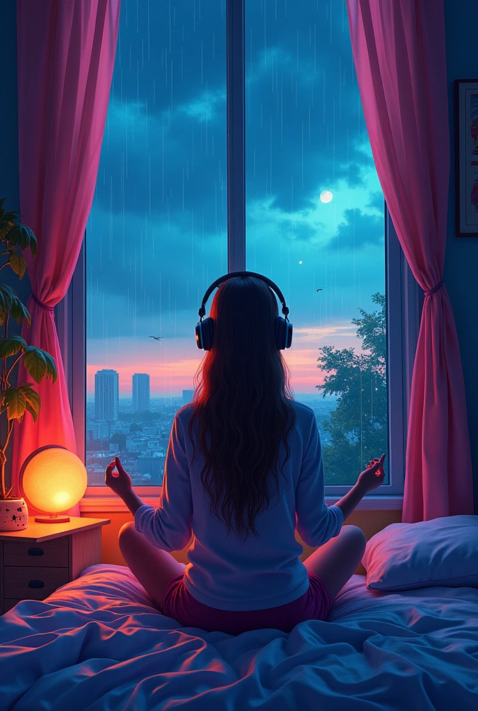 European hippie girl meditating in her room, dream, Wear headphones, night lighting, Neon scenery on a rainy day, Analog Color Theme, Lo-fi hip hop , review, flat, 2.5D ,Draw a line, Ink painting, Large slope, Watercolor, Goosh Colors, Studio Ghibli Style, Great colorful, Outerton, Krautlock, Lofi Art, 70s style,Old Texture, amplitude,Psychedelic atmosphere, masterpiece, Great technology,LOFI
