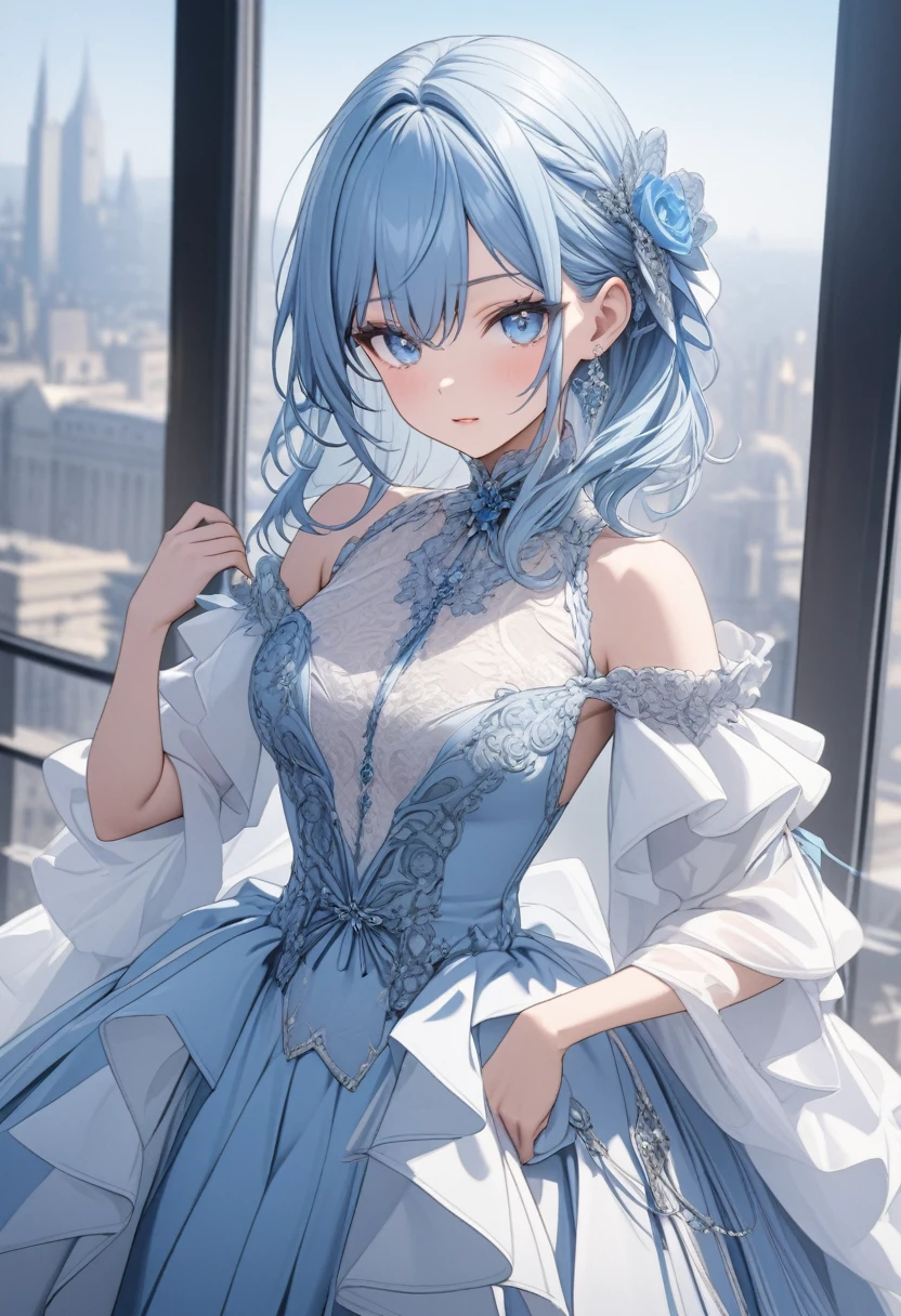 anime girl, pastel blue hair, blue eyes, ultra detailed, HD, beautiful, model clothes, elegant,