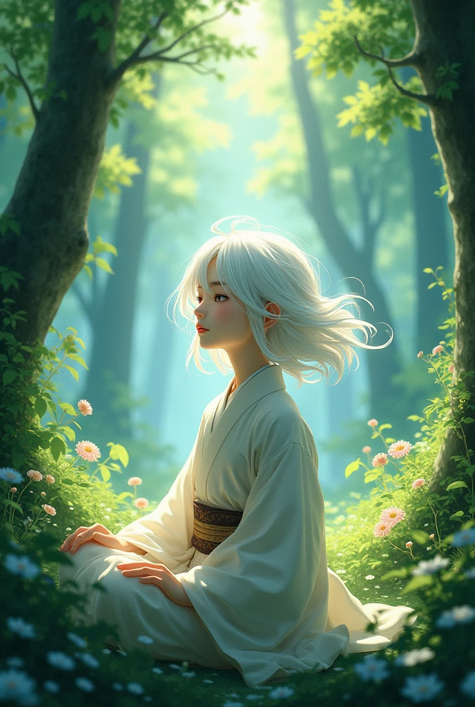 A white-haired teenage boy in traditional Japanese clothing in the forest