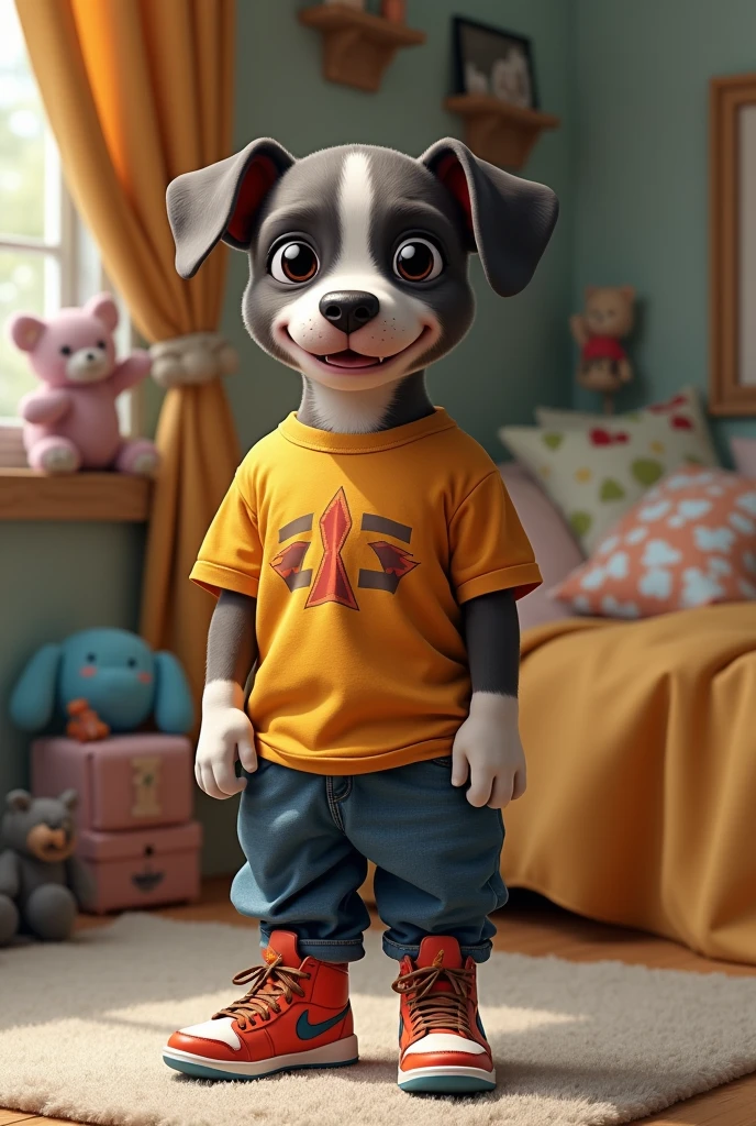 Make a child pitbull standing on two legs dressed in oversized y2k clothes and some Jordan 13s and his room in the background