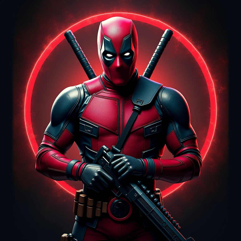 Design circular, t-shirt designer, 2d ilustration , epic fullcolored, realistic, cinematographic,dark blackground, deadpool 