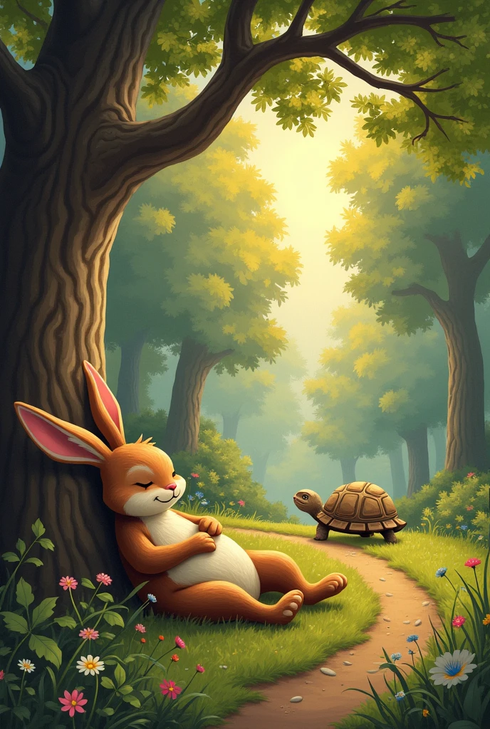 The Hare Napping: The hare is lying under a tree, sleeping peacefully with a smirk on his face, while the tortoise is seen in the distance, steadily moving along the race path. The forest around them is calm and peaceful, with the sun high in the sky.