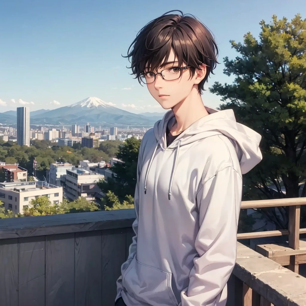 One androgynous woman, (Undercut short hair:1.1), brown hair with a perm, dark brown eyes, handsome appearance, wearing glasses, dressed in a casual hoodie, with the landscape seen from Mount Moiwa in Sapporo City as the background