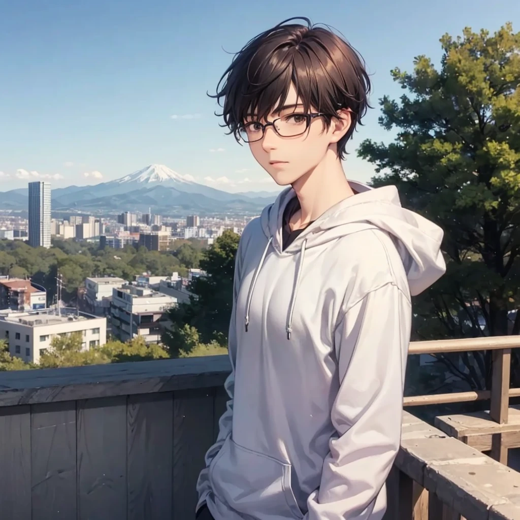 One androgynous woman, (Undercut short hair:1.1), brown hair with a perm, dark brown eyes, handsome appearance, wearing glasses, dressed in a casual hoodie, with the landscape seen from Mount Moiwa in Sapporo City as the background