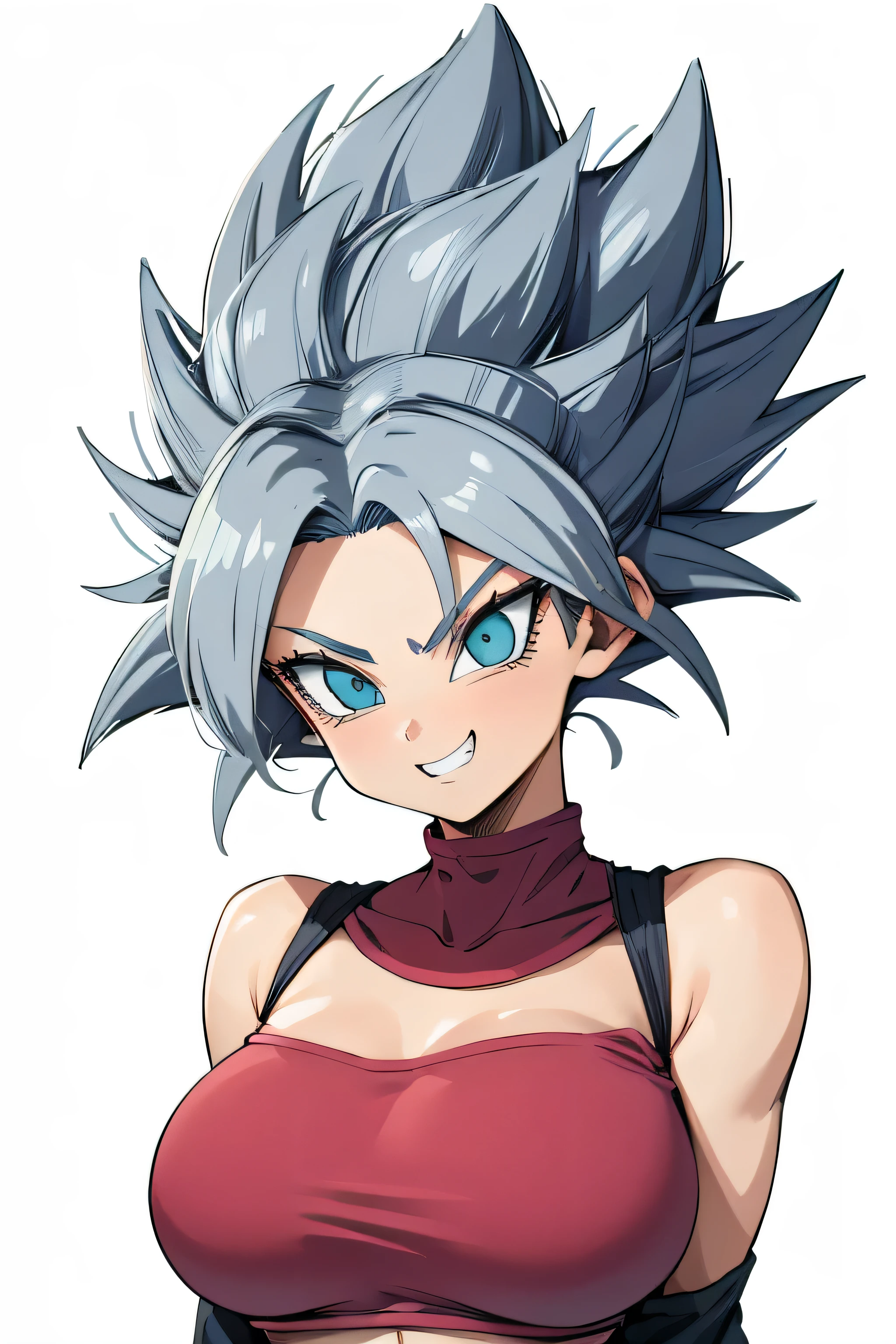 Kizi, gray hair ,forma beast, dragonball z, 80s style, アニメ, big boobies, white background, work of art, glued clothes, looking at the camera, smiling showing teeth, Eyes red, defined abdomen, hair sticking up, evil gaze,