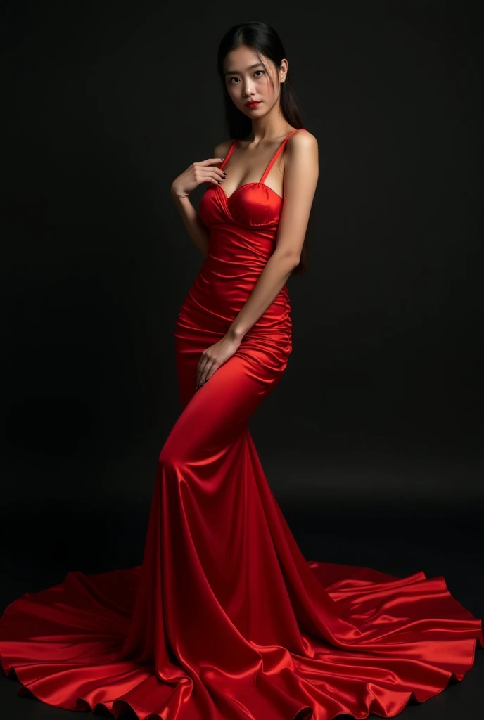 a woman in the translucent red silk gown, full body,black long straight hair, half neked, tiead in satin rope, tied tight,mermaid tight long gown, flowy dramatic long gown, double long satin train ( 4 meter long ),red satin sheet, wear high heels, masterpice, 4k resolution, ultra-realistic, highly detail.