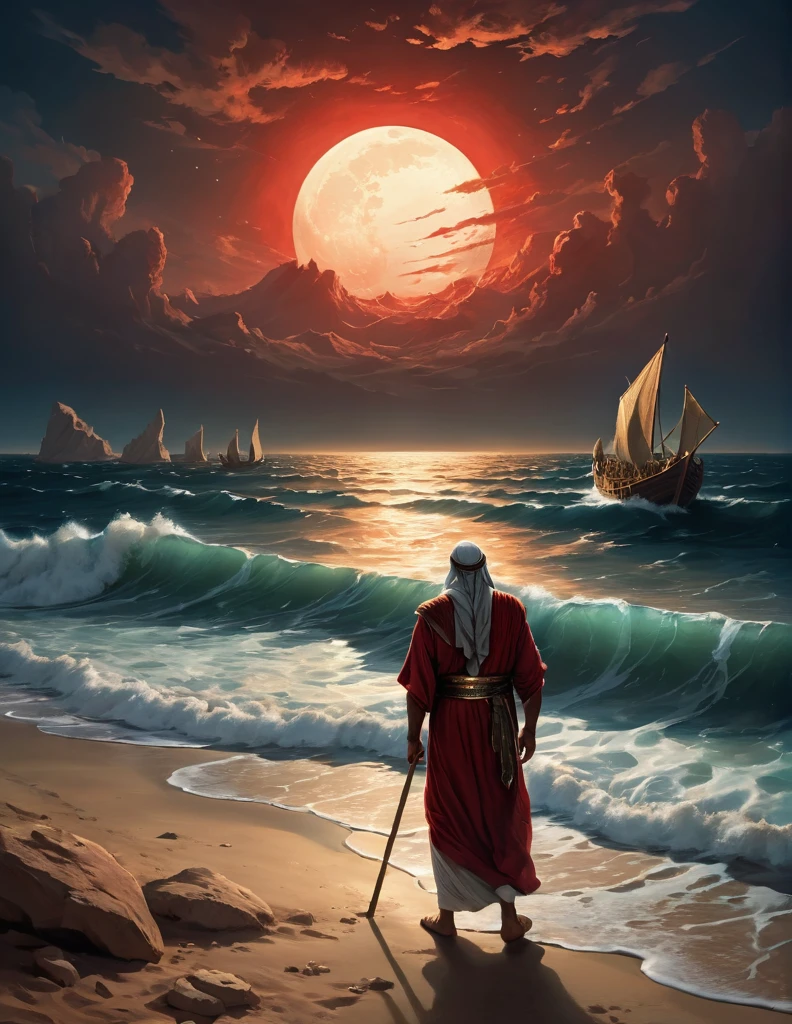 A vast expanse of the Red Sea at night, with dramatic moonlight casting eerie shadows. In the foreground, Moses, biblical character, stands on the shore. Behind him, thousands of Hebrews in ancient attire move towards the sea, looking back in fear and hope. The waters are parting, forming two massive walls of water, creating a miraculous path of dry land. The scene is filled with tension and anticipation, highlighting the miraculous escape from Egypt