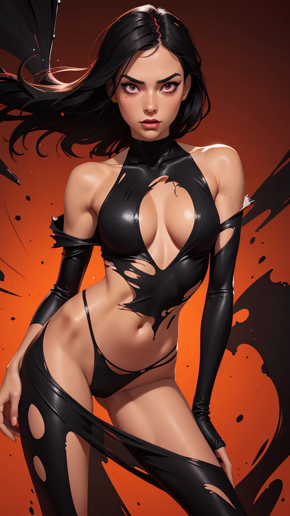 one girl, solo, abs, slender body, (upper body, bust:1.2), black eyes, black hair, red clothes, bare shoulders, masterpiece, highly detailed, look at viewer, shiny blured orange background, gradient sprayed background, front view, gradient red purple background, blured background, glowing edges of image, (paint splashes:1.3), abstract, psychodelic, (deep cleavage:1.3), (torn clothes, transparent clothes:1.3)