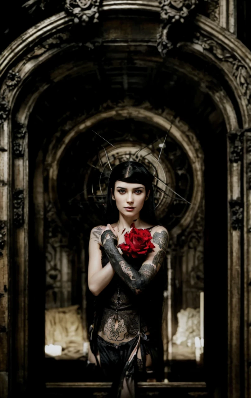 beautiful seductive woman, dark shaped eyes, breasts big, 8k, Maximum quality, (very detailed head: 1.0), (very highly detailed face: 1.0), (very detailed hair: 1.0), long straight black hair, vampires, dark, sexly, bloodstains, tatoo, realisitic,