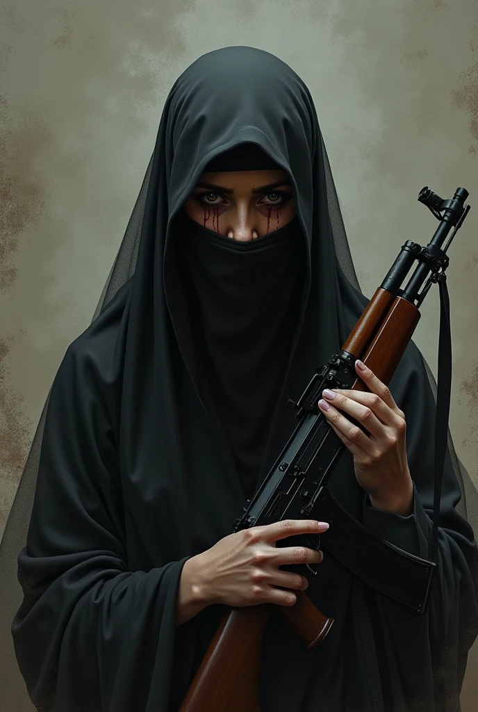 drawing of an Arab woman in a burqa with a sad look, Crying blood with an AK47 in hand, around her a shaded gradient with Arabic characters