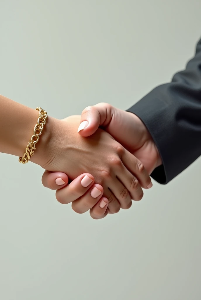 Two hands shaking each other, a female hand with a gold bracelet and nails, and the other venous male hand, realist