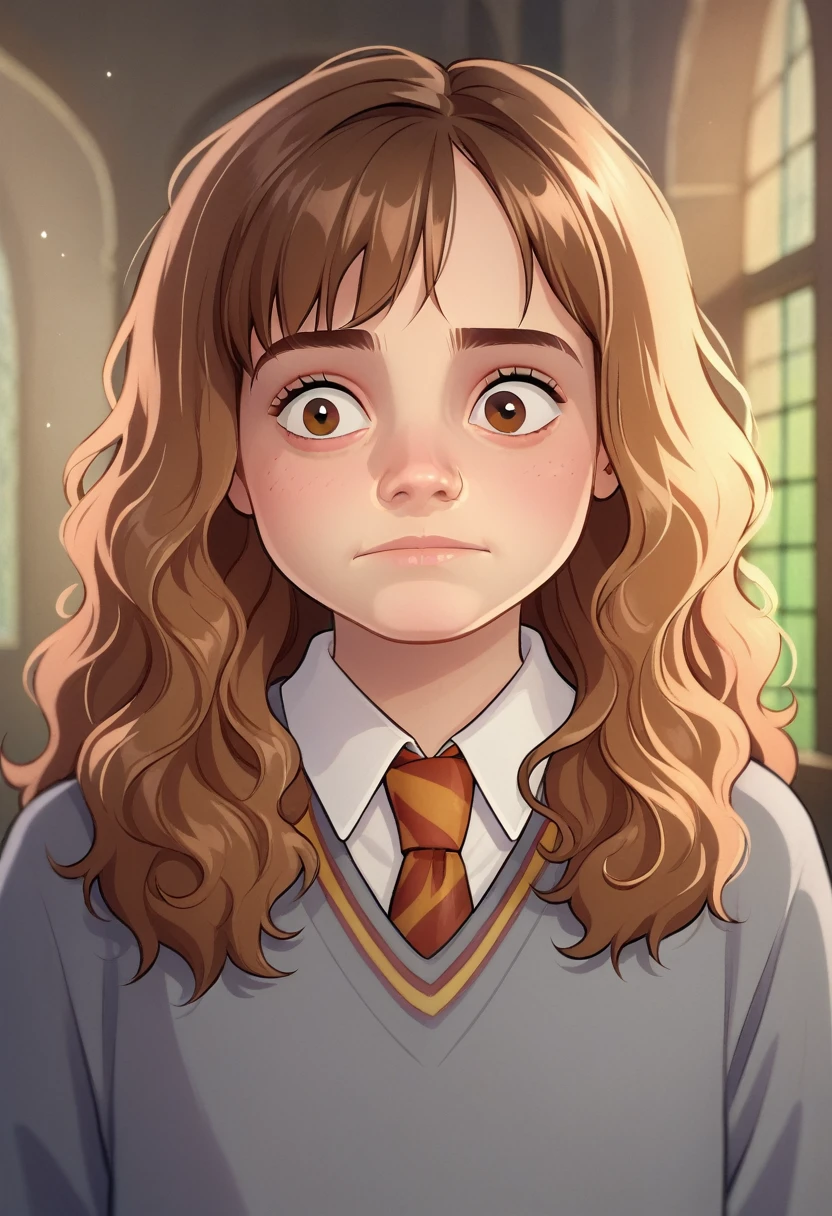 score_8_up, BREAK, HERMIONEGRANGER, 1girl, solo, brown hair, long hair, brown eyes, hogwarts school uniform, school uniform, grey sweater, necktie, upper body, depth of field,