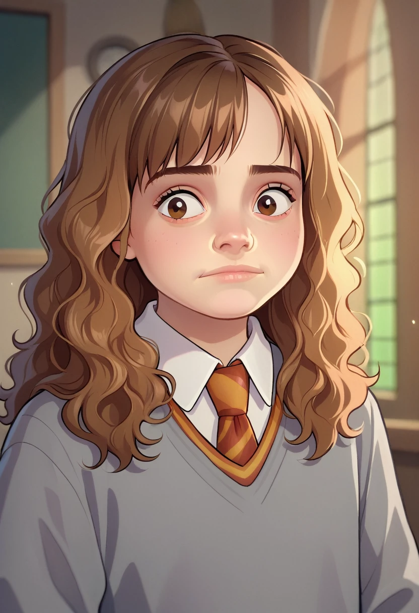 score_8_up, BREAK, HERMIONEGRANGER, 1girl, solo, brown hair, long hair, brown eyes, hogwarts school uniform, school uniform, grey sweater, necktie, upper body, depth of field,