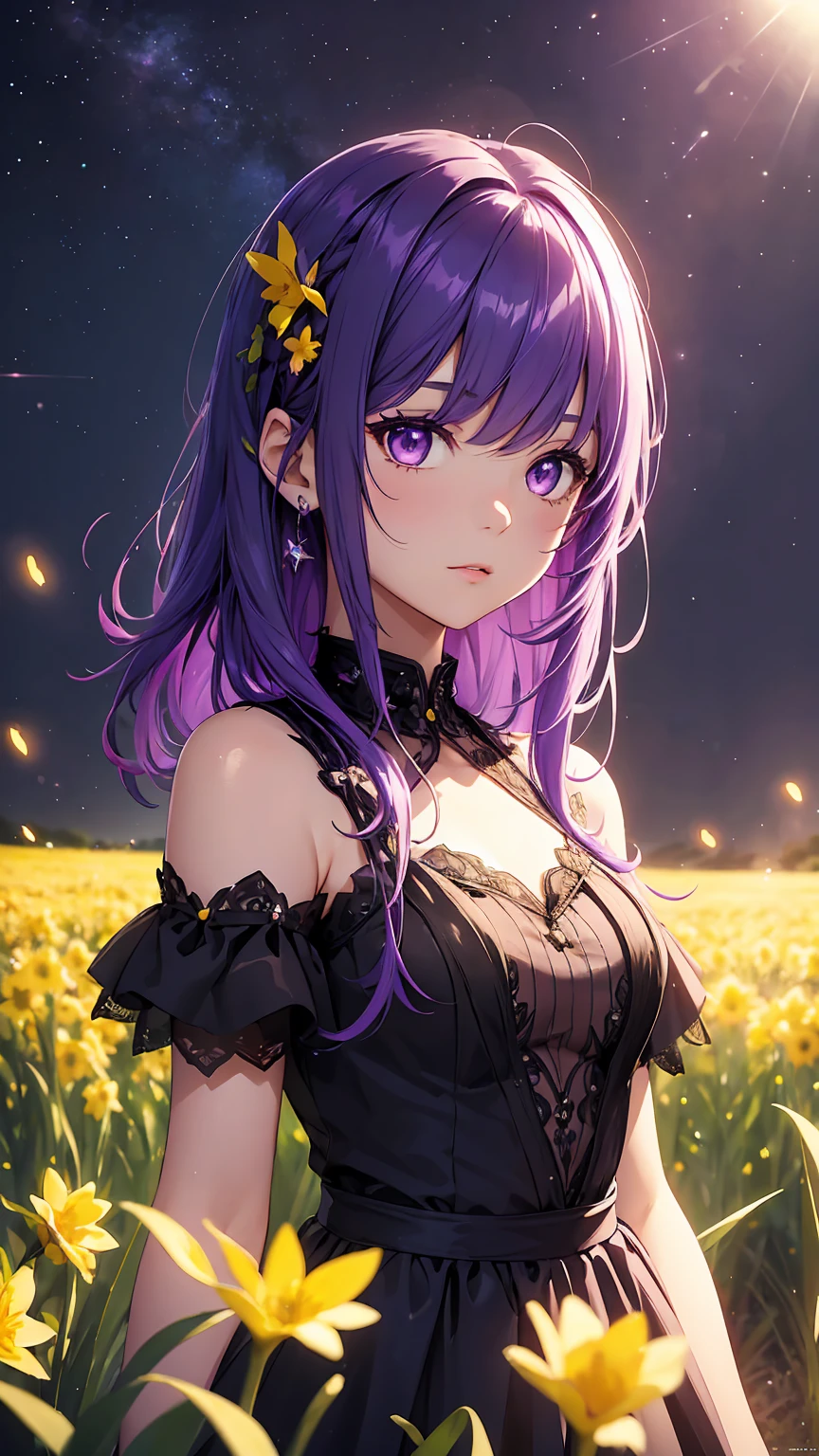 Girl1,bright purple eyes,purple hair,hair above shoulder,short purple embellished dress,shiny and glowing dress,standing in a field of bright daffodils in the dark,fireflies,dim light,dramatic scene,night,best quality,high detail,very detailed,high quality background