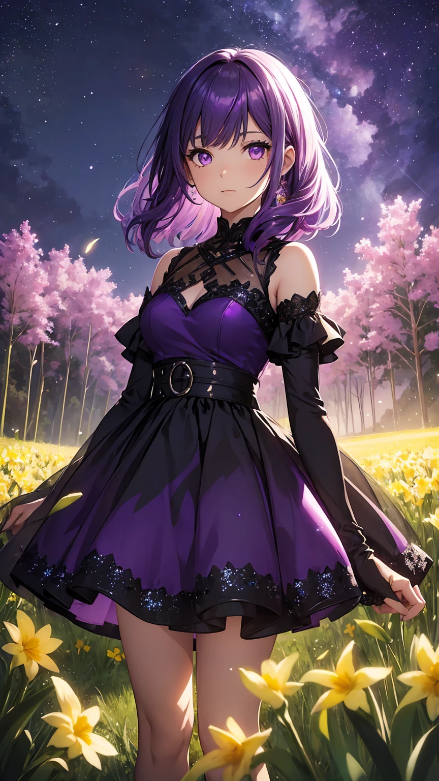 Girl1,bright purple eyes,purple hair,hair above shoulder,short purple embellished dress,shiny and glowing dress,standing in a field of bright daffodils in the dark,fireflies,dim light,dramatic scene,night,best quality,high detail,very detailed,high quality background