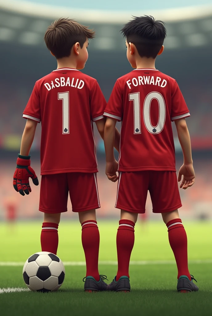 two brothers, one is 11 years old and the other 12, They are standing in the middle of a soccer field, one is a goalkeeper and the other a forward, both wear the uniform of the Liverpool club from England, They are almost the same height.
The 11-year-old is Caucasian and the 12-year-old is dark-skinned..
The 11-year-old has a goalkeeper's uniform with the number 1 on the back..
The 12-year-old has a soccer uniform with the number 10 on the back.