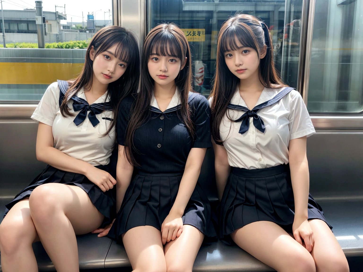 masterpiece, best quality, illustration, Super detailed, fine details, High resolution, 8K,wall paper, perfect dynamic composition,(Details High quality, realistic depiction of eyes:1.3), (3 girls), Black Sailor Uniform, serafuku, Navy pleated skirt, sitting, open legs, short bob hair, Sitting on a train in Tokyo, deep on field, large breasts, black hair color, Big Natural Color Lip, (perfect body shape), crying a little、Harajuku style、20 year old girl、cute type、beautiful legs, Gravure Idol