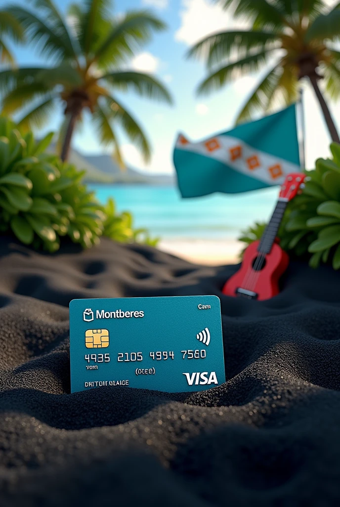 A visa card in the black sand of a beach in Tahiti with coconut trees and a ukulele and the Tahitian flag
