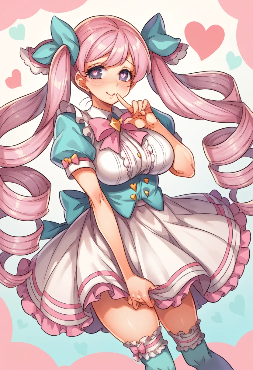 Cute, girl, pastel long lavender hair, curly twintails, purple eyes, heart shaped pupils, big breasts, hourglass finger, slender, ruffle pastel bow blouse, Skirt-Knee-length, pastel, pleated skirt, petticoat, lacy stockings, beautiful guardian background, holding love letter.