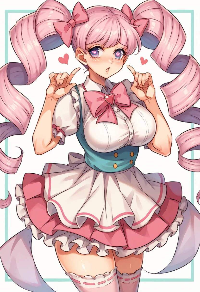 Cute, girl, pastel long lavender hair, curly twintails, purple eyes, heart shaped pupils, big breasts, hourglass finger, slender, ruffle pastel bow blouse, Skirt-Knee-length, pastel, pleated skirt, petticoat, lacy stockings, beautiful guardian background, holding love letter.