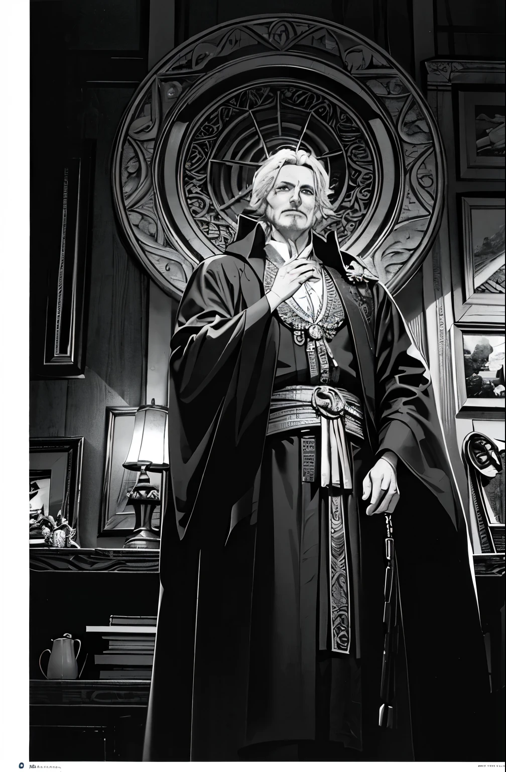 (masterpiece, best quality;1.3),(tarot card:1.2), 1guy, male focused, short white hair, white beard, old, rugged, mature and tall, somber expression, detailed face, hanged man tarot, bright halo, suit and tie, male_focus, calligraphy characters, symmetrical composition, long shadow, bloody moon,blood splash, ultra detailed, 8k, high quality, hq,