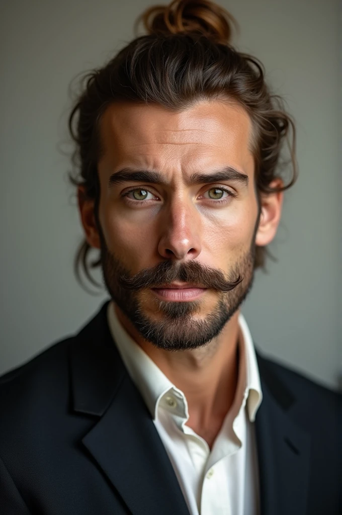 Tall man, skin fair, Light brown bun hair, clean eyes, Prominent nose, big mouth,
sem beard, Italian descent