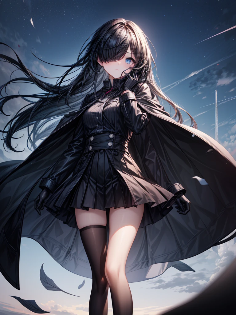 ((Oriental Project)),((masterpiece)),((Highest quality)),((Fascinating)),((alone)),((Deep blue pupils)),((Looking up at the night view from the top of the hill)),((Beautiful Blue Eyes)),((Wearing a black coat)),((Wearing a black mini skirt,She is wearing black tights under her skirt)),((Slim body)),((length, Shiny black hair)),((Her left eye is completely hidden by her bangs)),((Her hair is parted, and you can see her eyes through it)),((Wearing black gloves)),((hair over one eye,long hair)),((Ruthless)),((Complex background)),((Hair blowing in the wind))