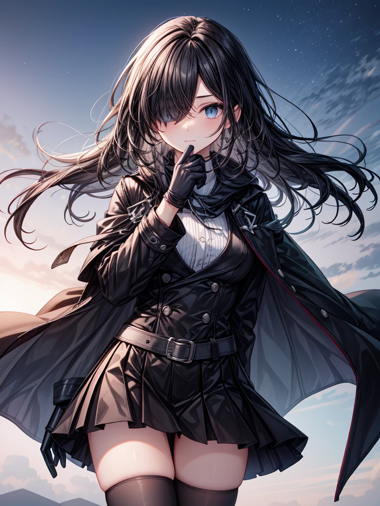 ((Oriental Project)),((masterpiece)),((Highest quality)),((Fascinating)),((alone)),((Deep blue pupils)),((Looking up at the night view from the top of the hill)),((Beautiful Blue Eyes)),((Wearing a black coat)),((Wearing a black mini skirt,She is wearing black tights under her skirt)),((Slim body)),((length, Shiny black hair)),((Her left eye is completely hidden by her bangs)),((Her hair is parted, and you can see her eyes through it)),((Wearing black gloves)),((hair over one eye,long hair)),((Ruthless)),((Complex background)),((Hair blowing in the wind))