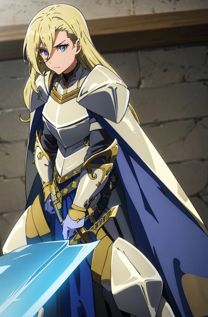 female knight, long hair, blue eyes, blonde hair, weapon, sword, cape, armor, shoulder armor, gauntlets, pauldrons, breastplate, knight,