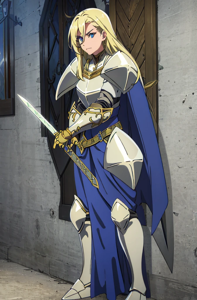 female knight, long hair, blue eyes, blonde hair, weapon, sword, cape, armor, shoulder armor, gauntlets, pauldrons, breastplate, knight,