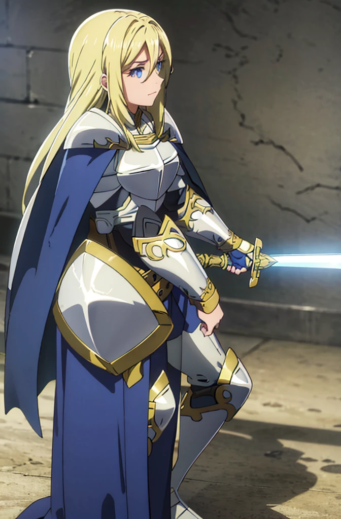 female knight, long hair, blue eyes, blonde hair, weapon, sword, cape, armor, shoulder armor, gauntlets, pauldrons, breastplate, knight,