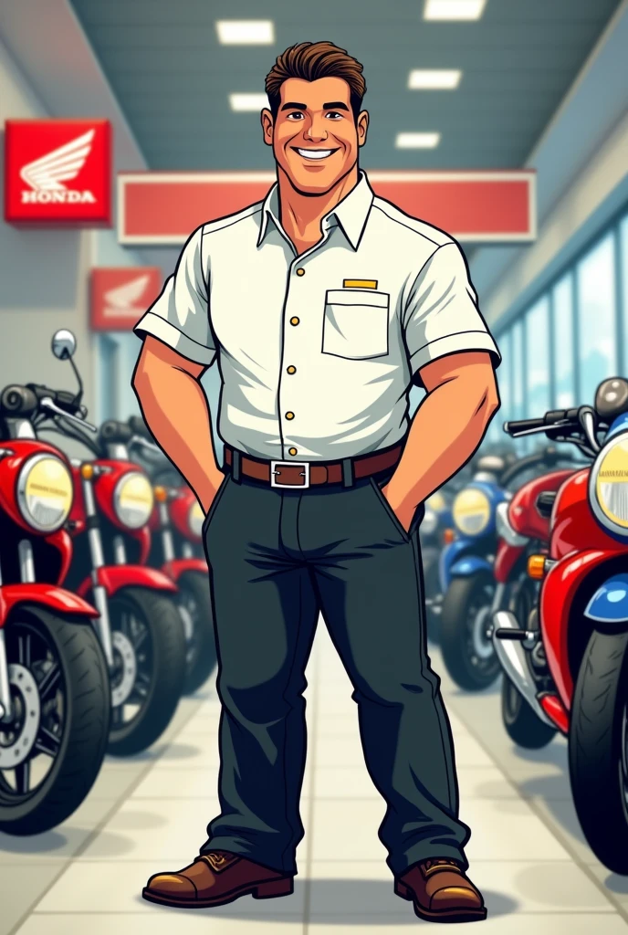 Cartoon of a Honda motorcycle salesman from 1980.73 meters weighing 110kg wearing a white uniform black pants with well combed hair standing in the middle of the store