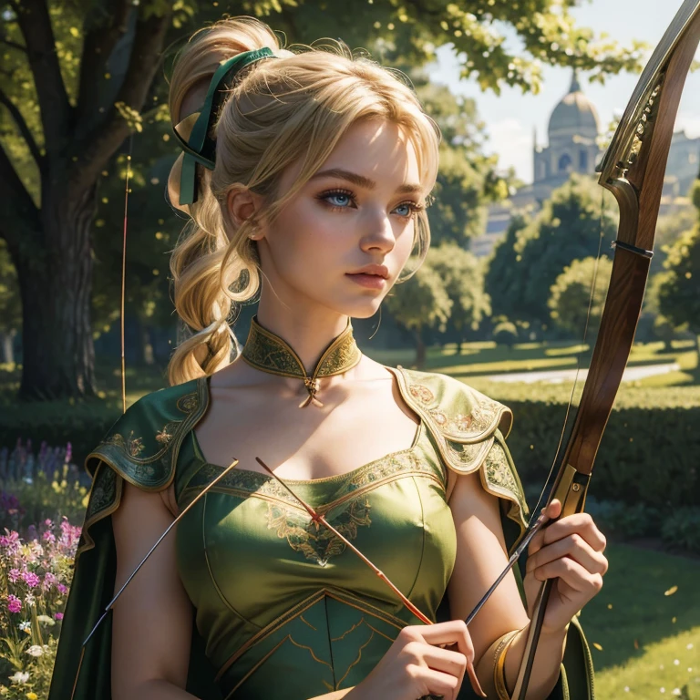 (masterpiece, best quality:1.5), highest quality, High resolution, super detailed, Realists, Upper body photo of a blonde archer, detailed and beautiful eyes, beautiful detailed lips, very detailed eyes and face, longeyelashes, Archer in shiny green satin dress, Simple details in the fabric. Beautiful and colorful makeup, ponytail hairstyle, Gardens as background, bright daylight, bright colors, fine brushstrokes, Portrait style, beautiful color palette, glowing skin, First-class rendering, that captures every detail, enchanting atmosphere, (perfect anatomy:1.2), (The stunning archer holds a bow. (magnificent panorama view:1.2)